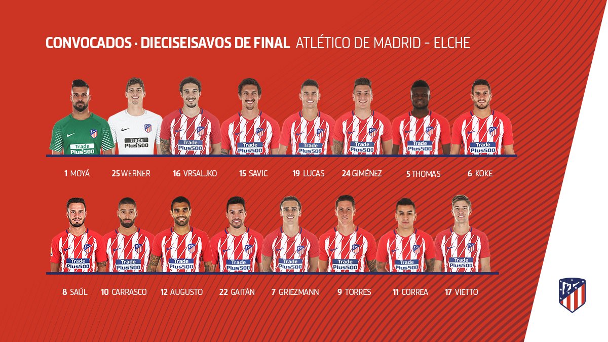 El Atlético recibirá al Elche sin cinco de sus habituales