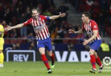 Un año del último gol de Godín con el Atlético
